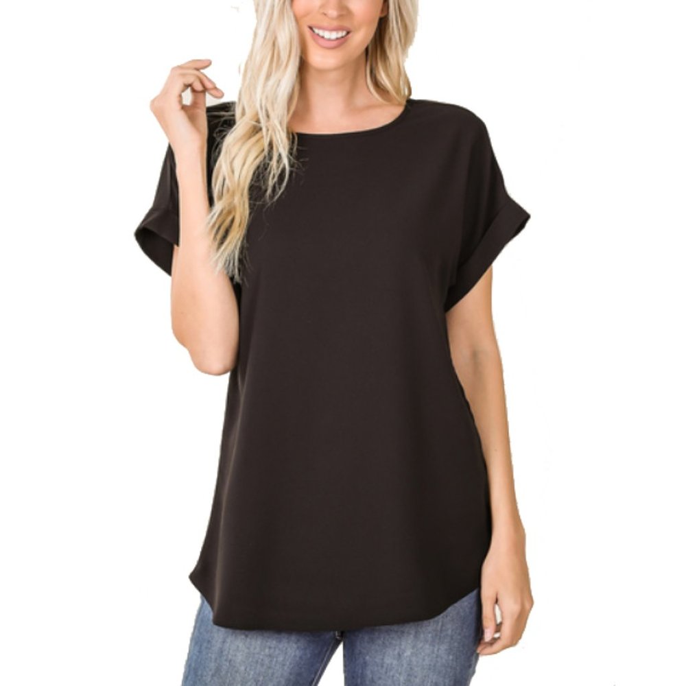 Black Woven Heavy Dobby Rolled Sleeve Top